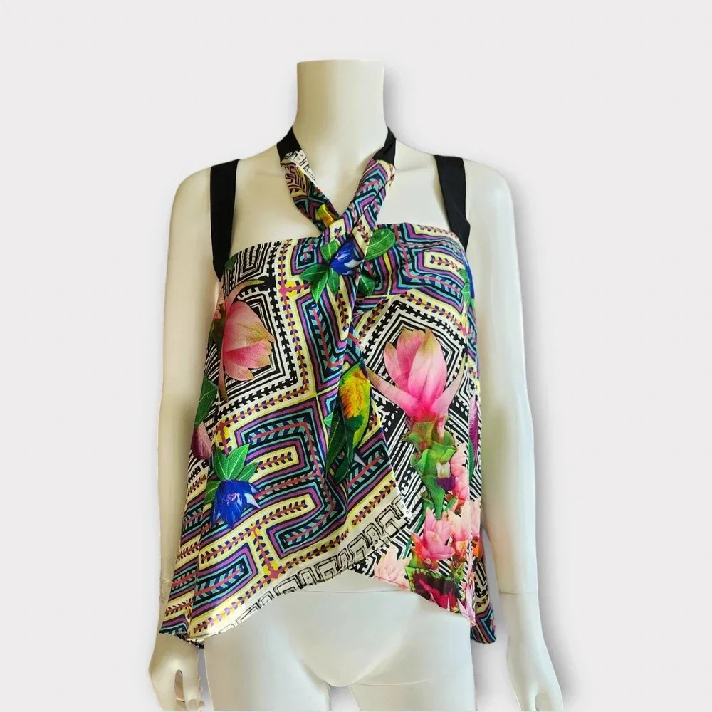 Nicole Miller Artelier Silk Blouse Size S  Multicolor Halter Sleeveless Boho Top